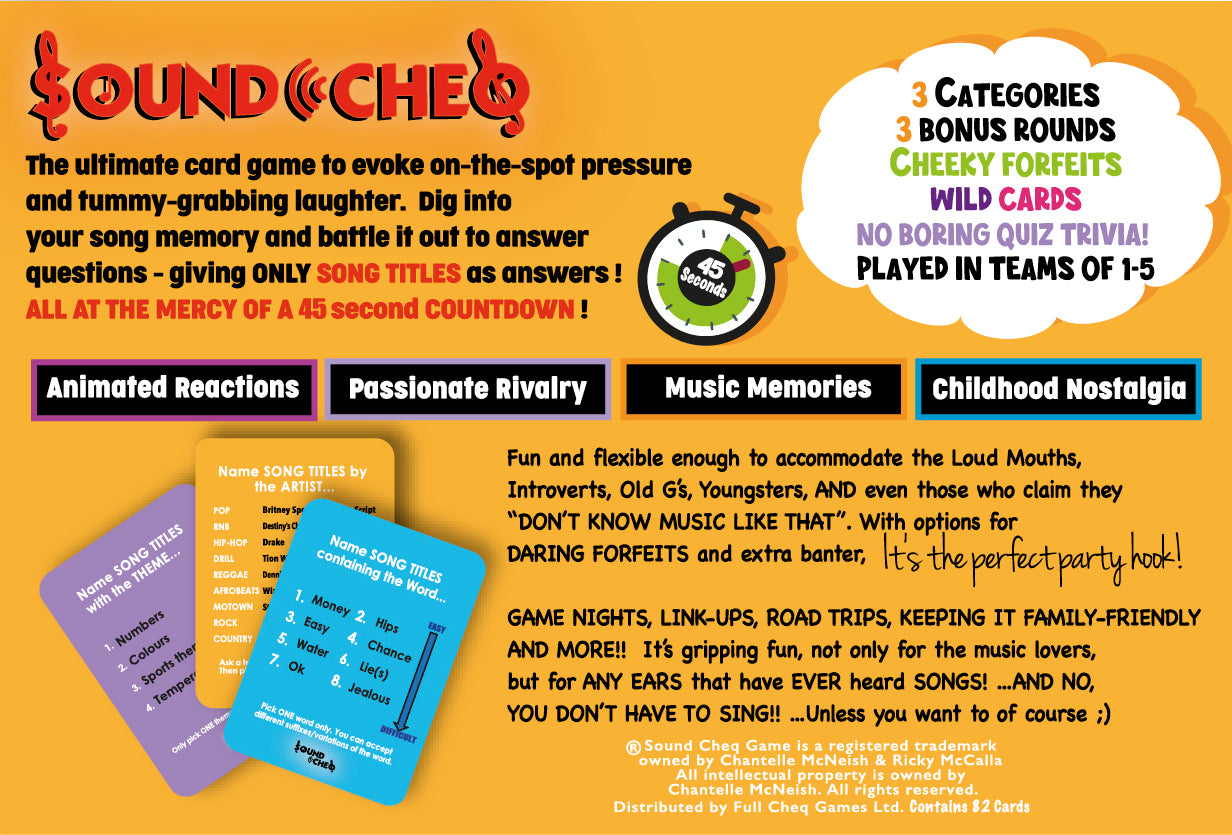 Back View of Sound Cheq Card Game Box-...SOUND CHEQ, The ultimate family friendly CARD GAME for on-the-spot pressure and tummy-grabbing laughter!  dig into your song memory and battle it out to answer questions giving only song titles as answers! ALL AT THE MERCY OF A 45 SECOND COUNTDOWN!